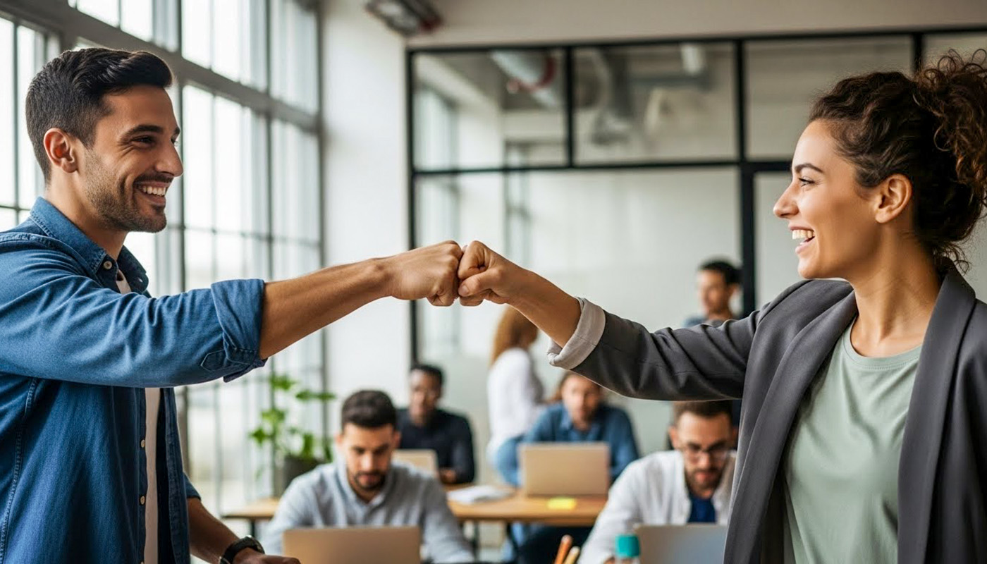 Energetic moment after a winning enterprise pitch with expert help from Klapproth Consulting, showing founders and clients connecting over a successful deal in a startup office.